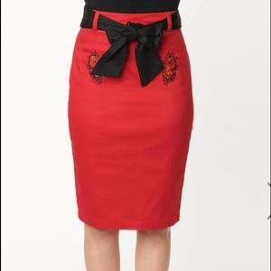 Red & Spanish Rose Pencil Skirt